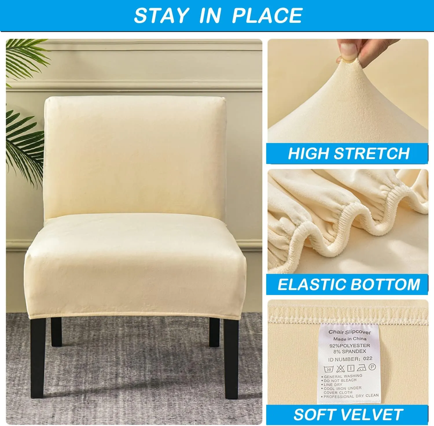 OBCREAT Armless Accent Chair Cover,High Stretch Slipper Chair Slipcovers Soft Velvet Armless Chair Covers with Elastic Bottom Plush Furniture Protector Cover for Living Room Home Hotel (Off White)