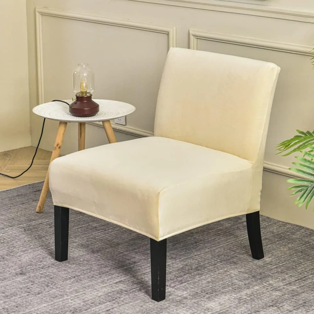 OBCREAT Armless Accent Chair Cover,High Stretch Slipper Chair Slipcovers Soft Velvet Armless Chair Covers with Elastic Bottom Plush Furniture Protector Cover for Living Room Home Hotel (Off White)