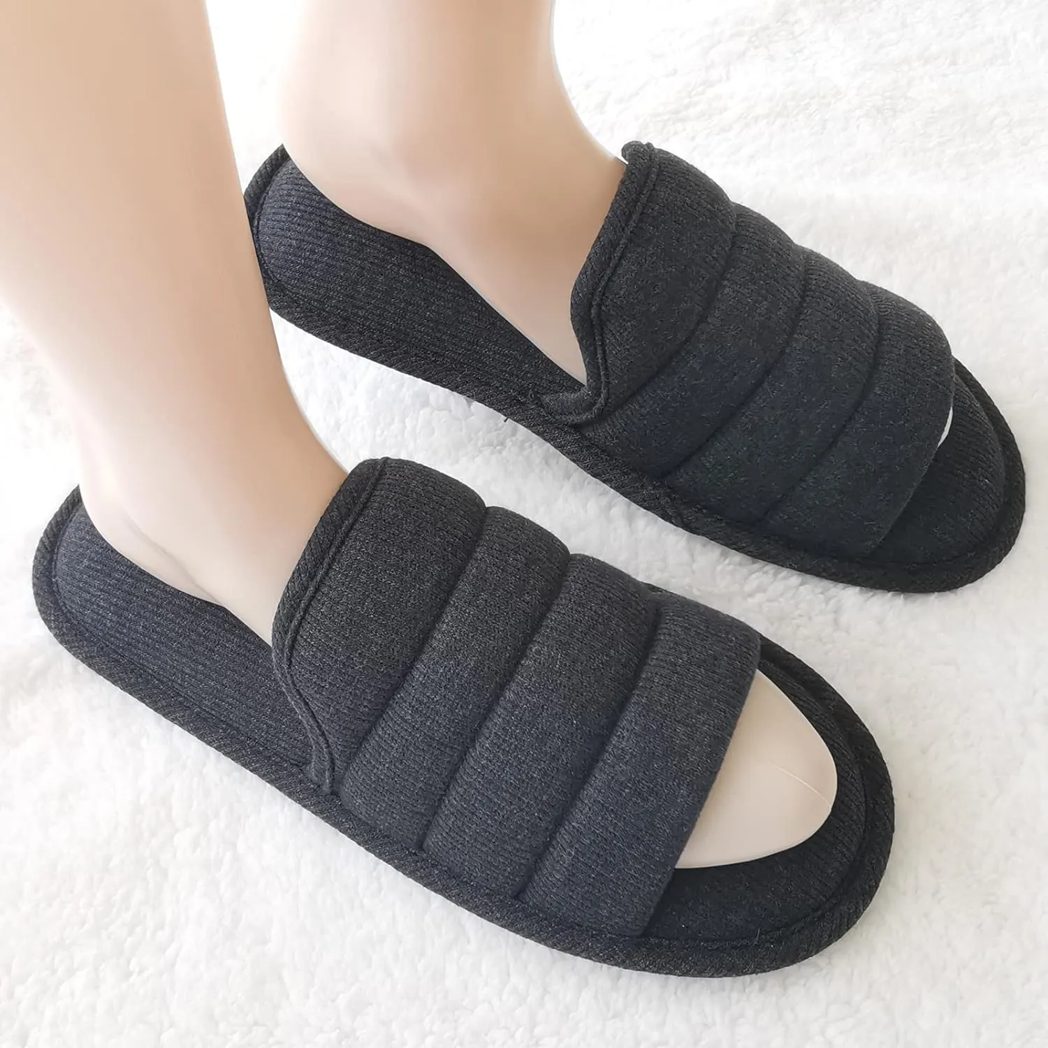 ofoot Mens Cotton Open Toe House Flat Slippers,Male Breathable Summer Indoor Slides, Memory Foam Anti Slip Sole