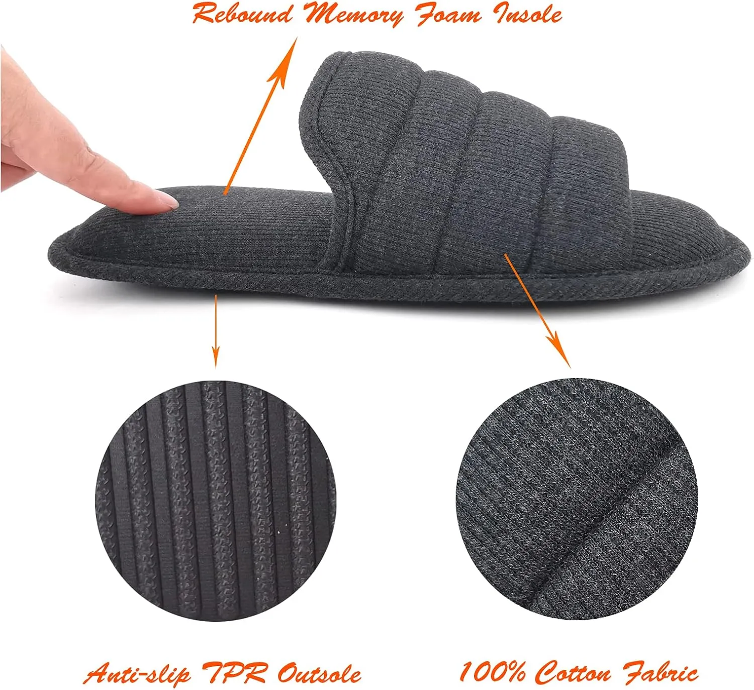 ofoot Mens Cotton Open Toe House Flat Slippers,Male Breathable Summer Indoor Slides, Memory Foam Anti Slip Sole