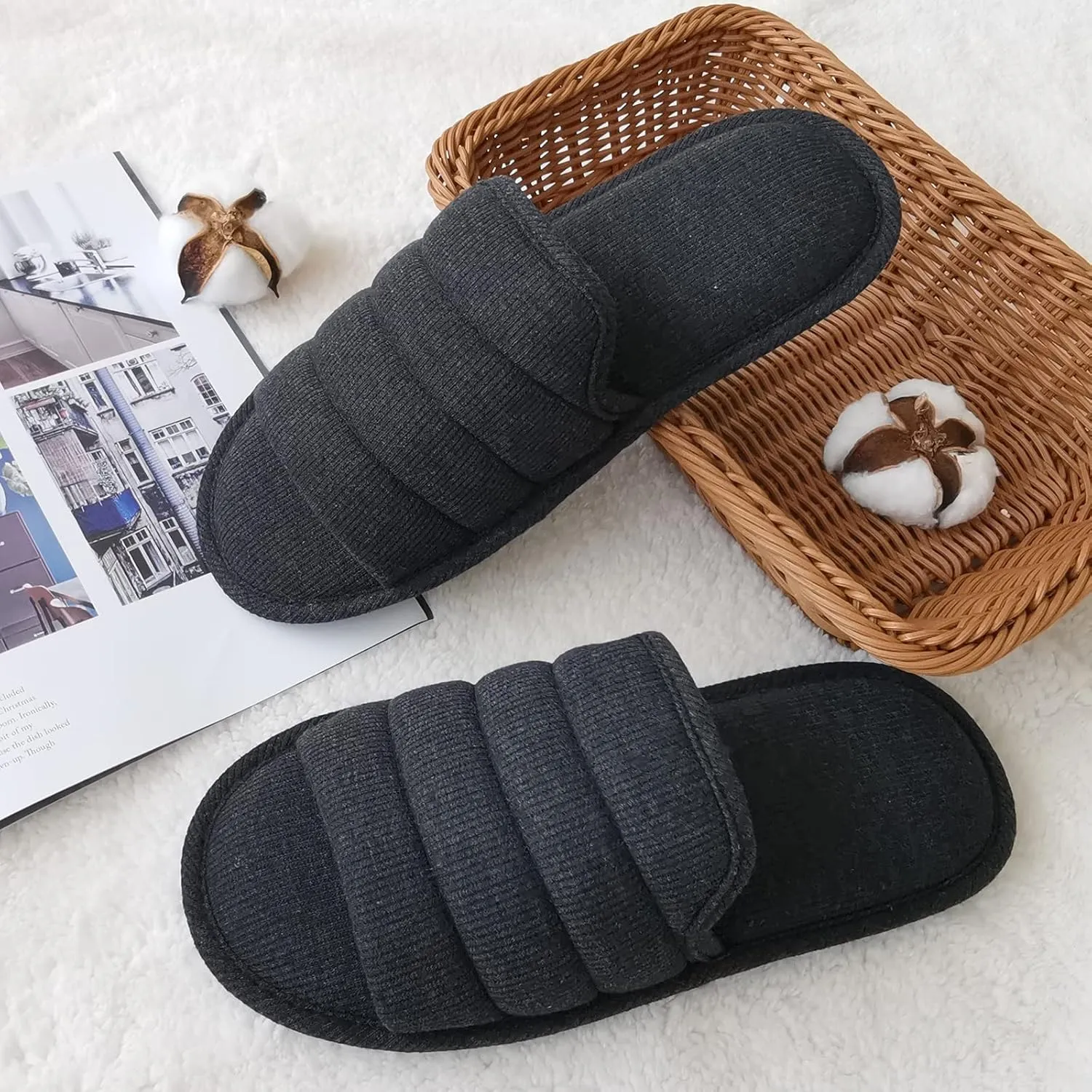 ofoot Mens Cotton Open Toe House Flat Slippers,Male Breathable Summer Indoor Slides, Memory Foam Anti Slip Sole