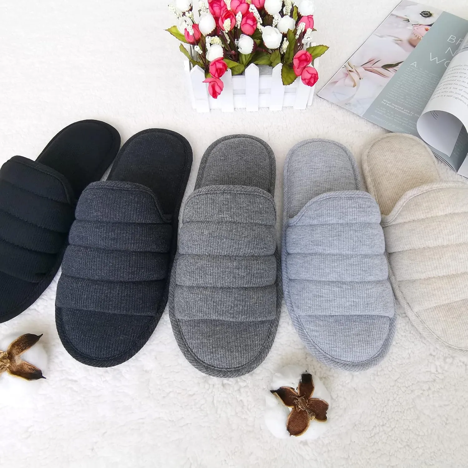 ofoot Mens Cotton Open Toe House Flat Slippers,Male Breathable Summer Indoor Slides, Memory Foam Anti Slip Sole