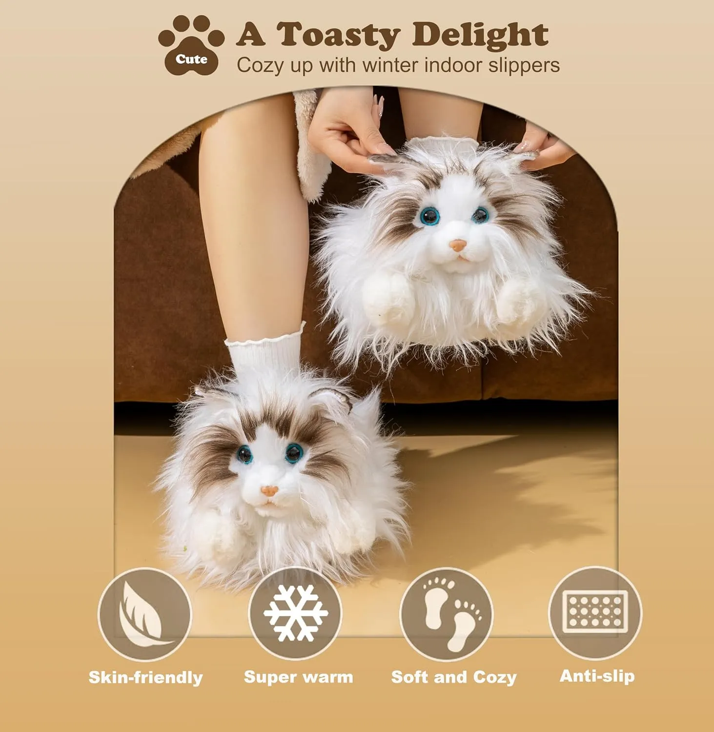 Onmygogo Indoor Fuzzy Winter Animal Cat Plush Slippers for Women Men Kids,Faux Fur,Warm House Slipper
