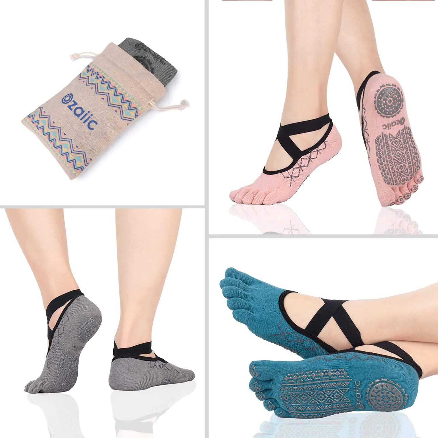 Ozaiic Yoga Socks for Women with Grips, Non-Slip Five Toe Socks for Pilates, Barre, Ballet, Fitness