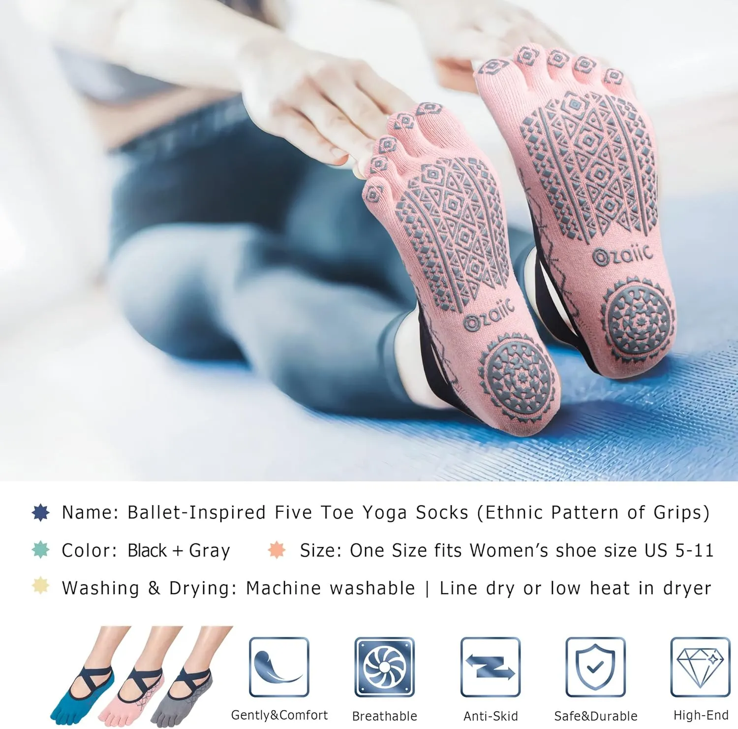 Ozaiic Yoga Socks for Women with Grips, Non-Slip Five Toe Socks for Pilates, Barre, Ballet, Fitness
