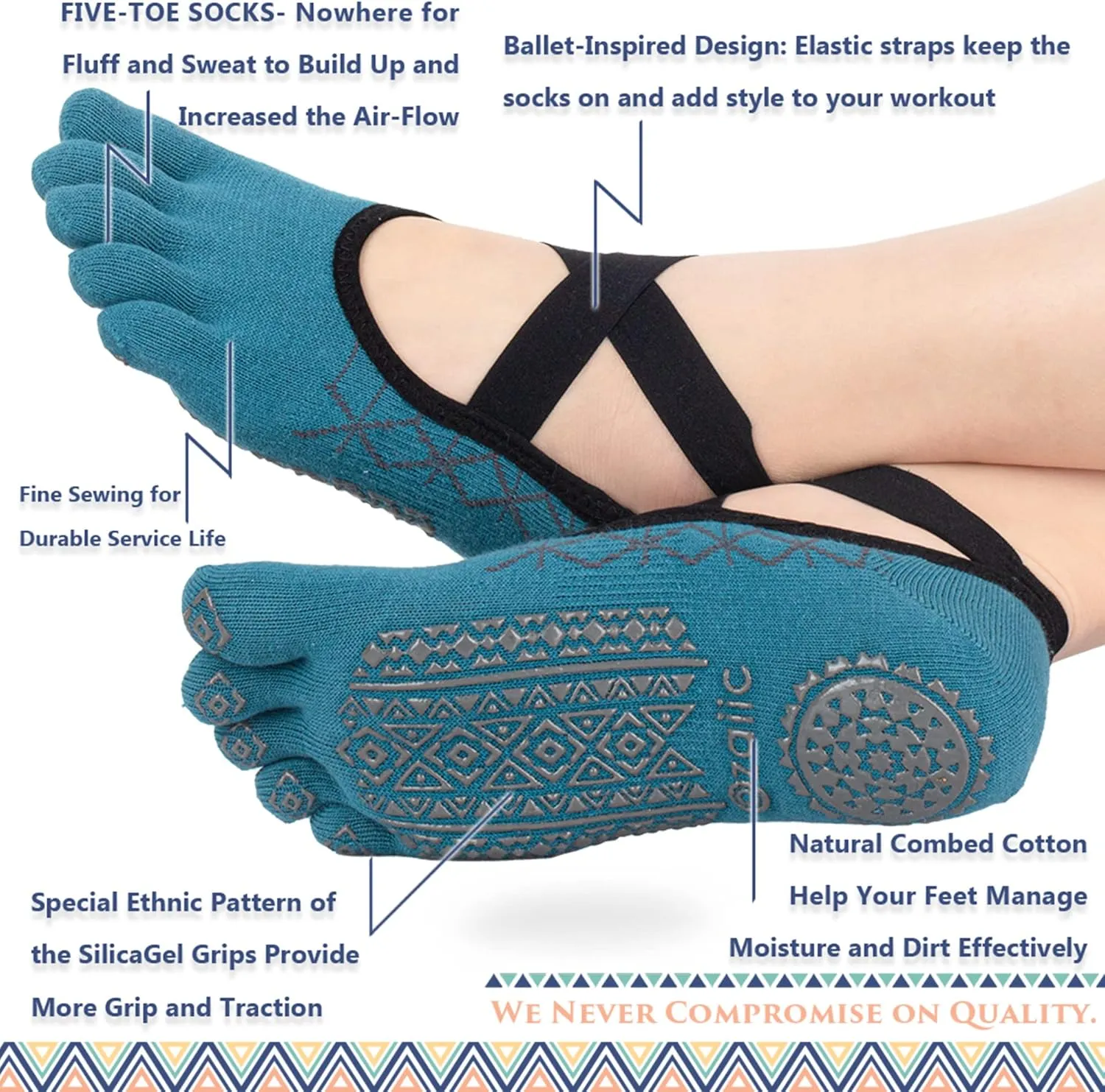 Ozaiic Yoga Socks for Women with Grips, Non-Slip Five Toe Socks for Pilates, Barre, Ballet, Fitness