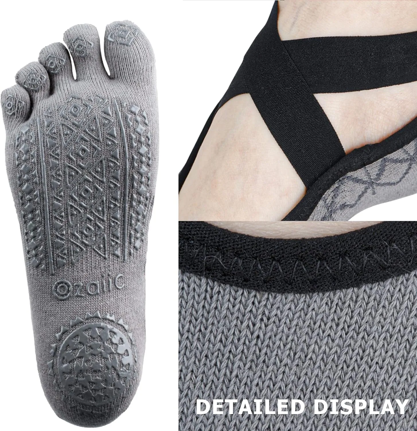 Ozaiic Yoga Socks for Women with Grips, Non-Slip Five Toe Socks for Pilates, Barre, Ballet, Fitness