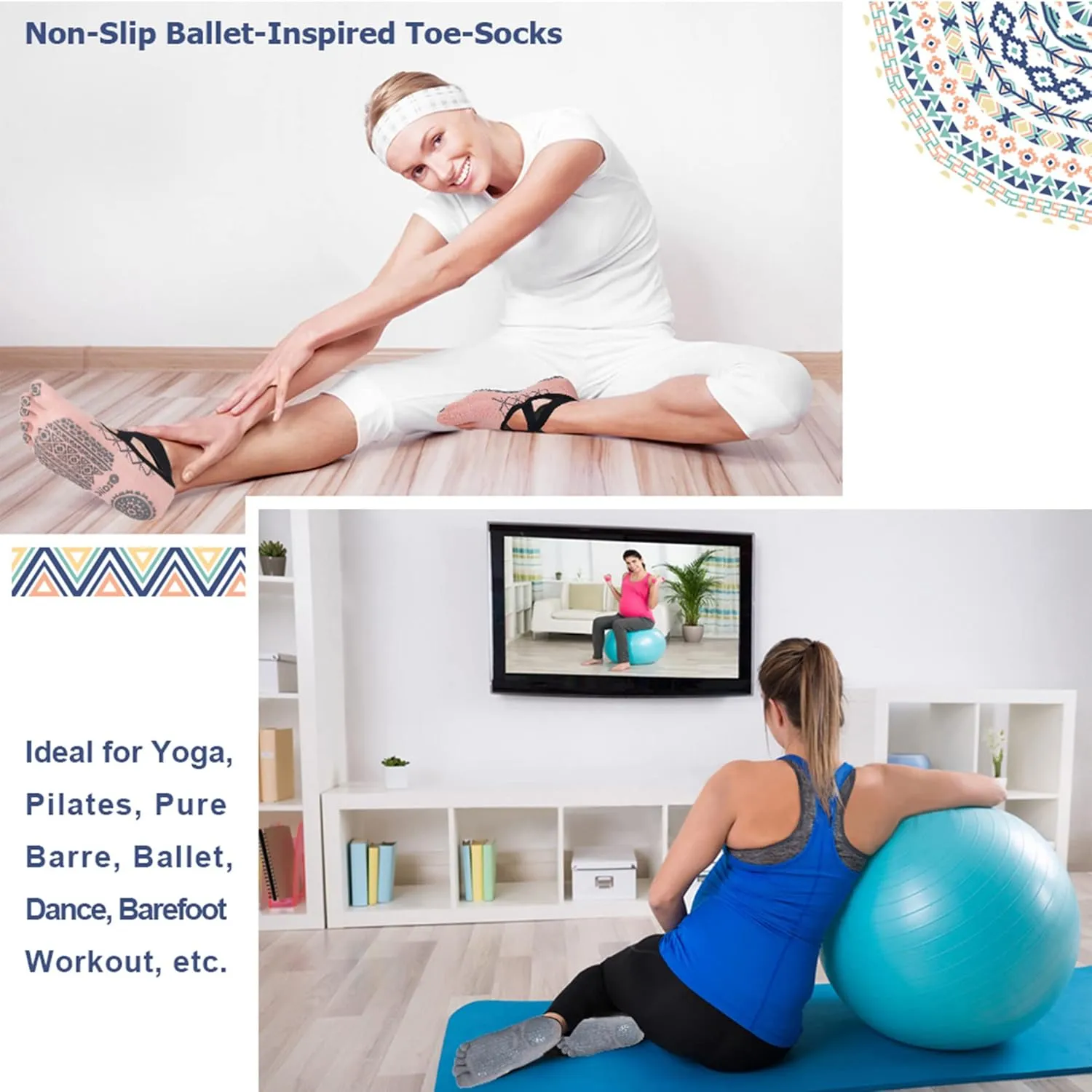 Ozaiic Yoga Socks for Women with Grips, Non-Slip Five Toe Socks for Pilates, Barre, Ballet, Fitness
