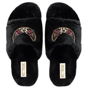Paisley Black Luxury Plush Diamanté Embellished Handmade Slipper