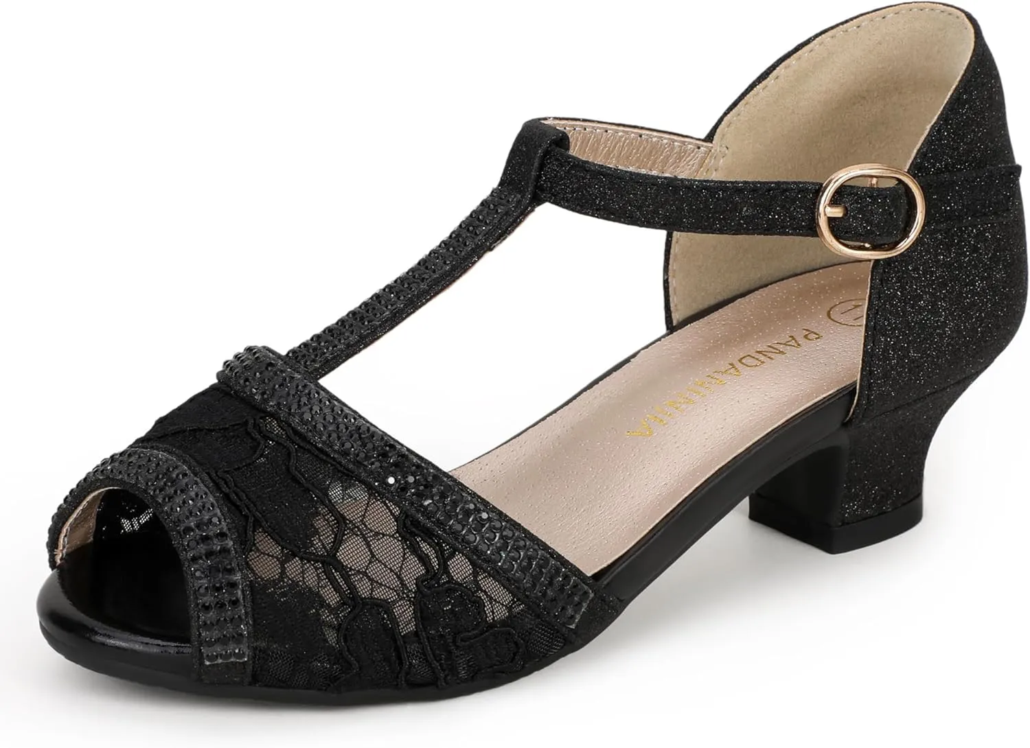PANDANINJIA Low Girls Heel Dress Shoes T Strap Open Toe Toddler Little Black Girls Sandals Size 5 PNPandora Flower Girl Shoes