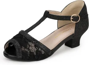 PANDANINJIA Low Girls Heel Dress Shoes T Strap Open Toe Toddler Little Black Girls Sandals Size 5 PNPandora Flower Girl Shoes