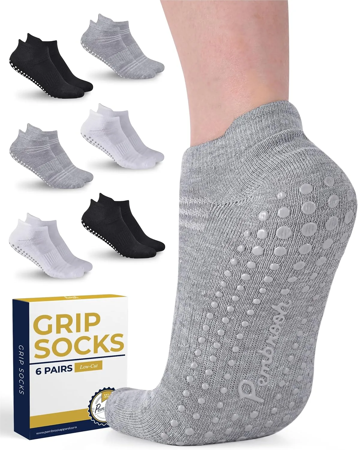 Pembrook Grip Socks - 6 Pairs Barre Socks with Grips for Women & Men | Non Slip Yoga Socks