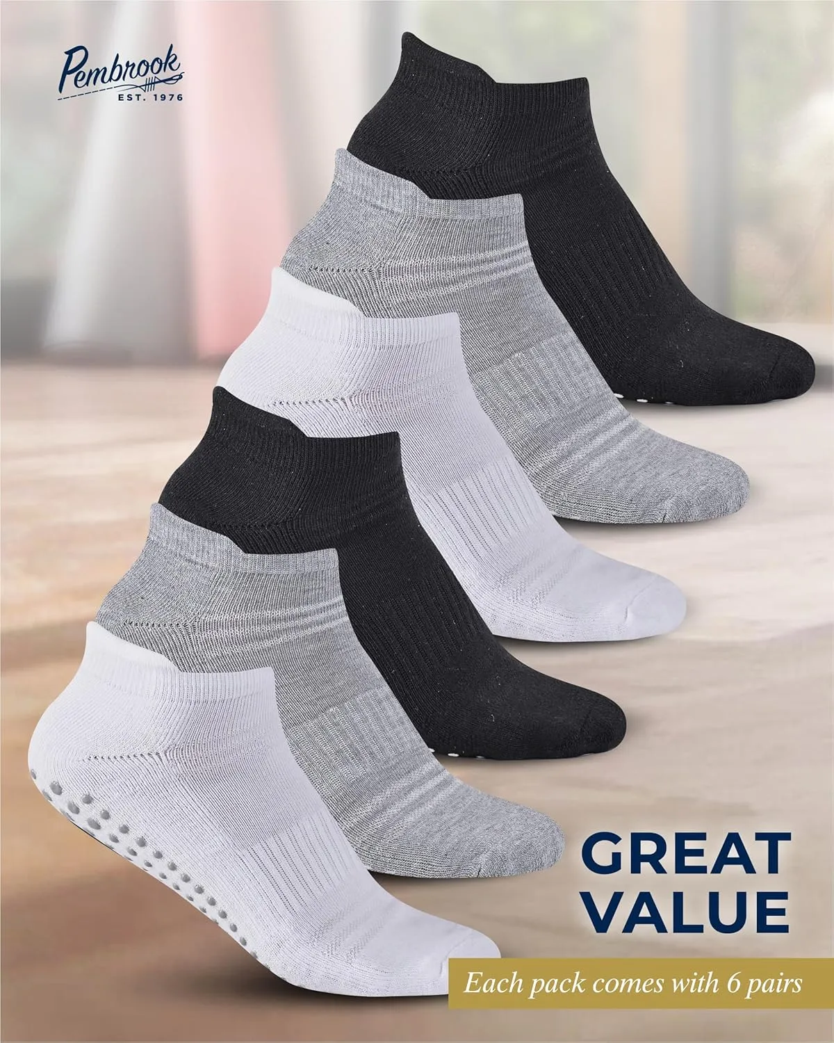 Pembrook Grip Socks - 6 Pairs Barre Socks with Grips for Women & Men | Non Slip Yoga Socks