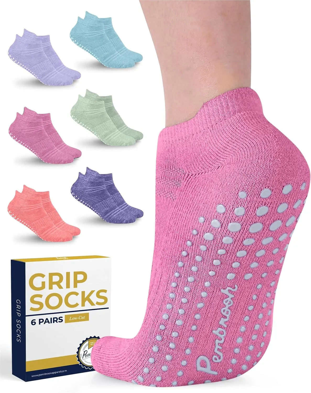 Pembrook Grip Socks - 6 Pairs Barre Socks with Grips for Women & Men | Non Slip Yoga Socks