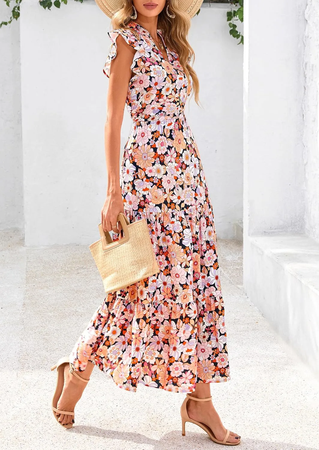 PRETTYGARDEN Women's 2025 Summer Floral Midi Dress Cap Sleeve V Neck Ruffle Long Flowy Boho Casual Beach Vacation Dresses