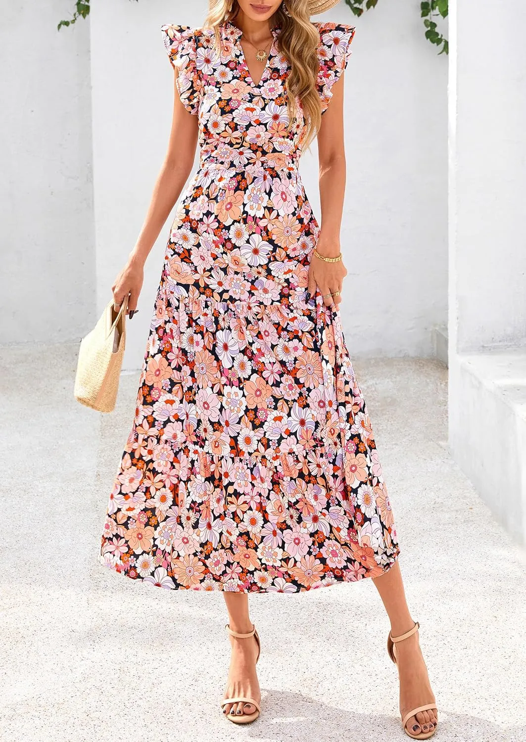PRETTYGARDEN Women's 2025 Summer Floral Midi Dress Cap Sleeve V Neck Ruffle Long Flowy Boho Casual Beach Vacation Dresses