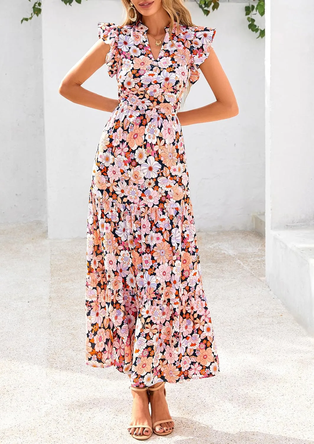 PRETTYGARDEN Women's 2025 Summer Floral Midi Dress Cap Sleeve V Neck Ruffle Long Flowy Boho Casual Beach Vacation Dresses