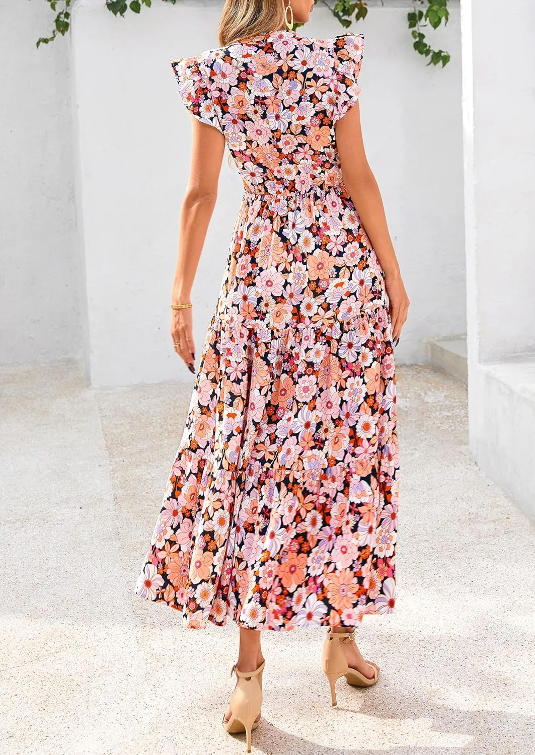 PRETTYGARDEN Women's 2025 Summer Floral Midi Dress Cap Sleeve V Neck Ruffle Long Flowy Boho Casual Beach Vacation Dresses