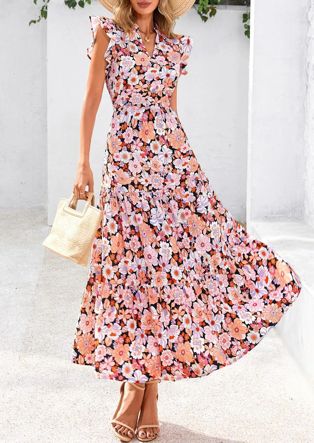 PRETTYGARDEN Women's 2025 Summer Floral Midi Dress Cap Sleeve V Neck Ruffle Long Flowy Boho Casual Beach Vacation Dresses