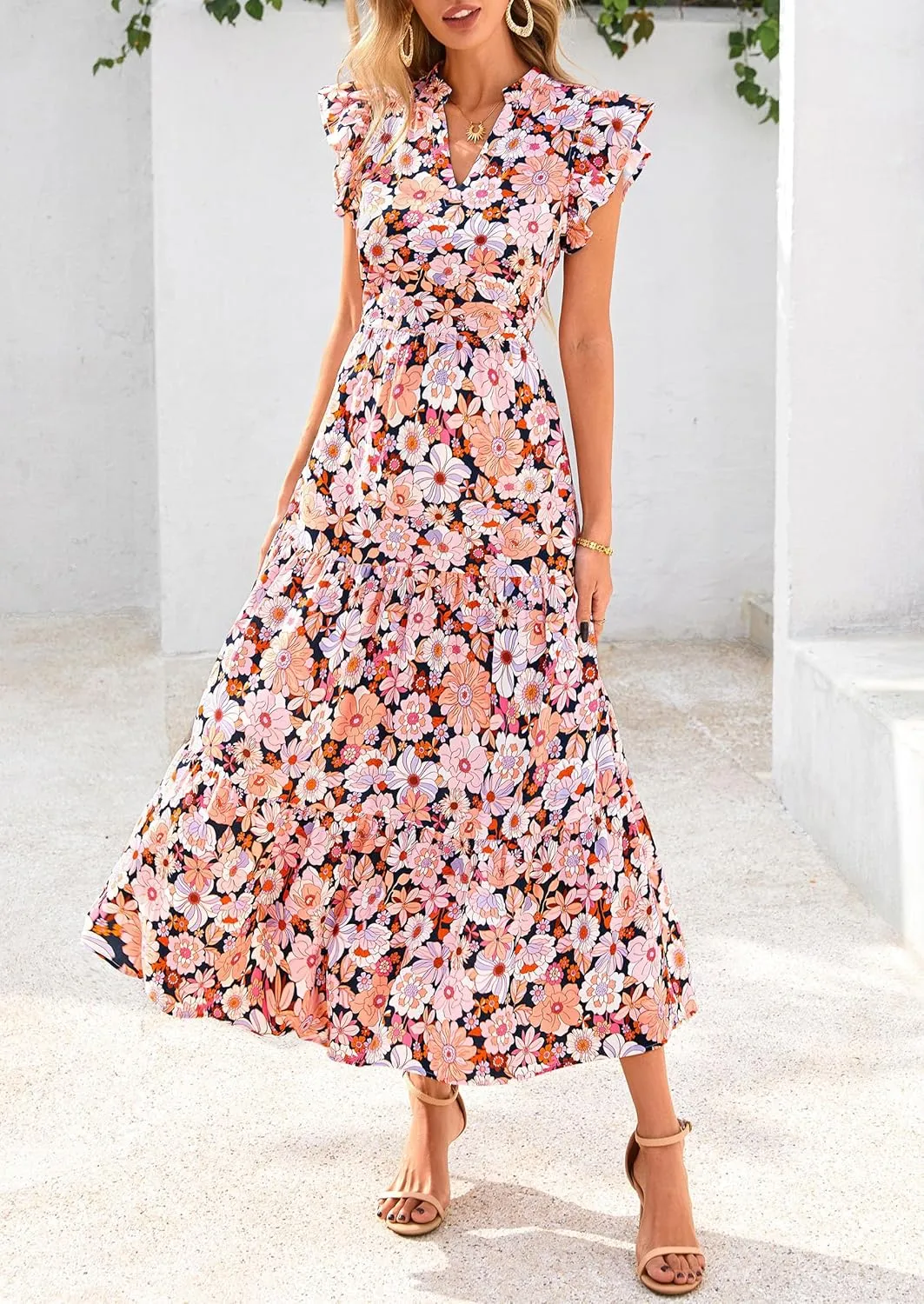 PRETTYGARDEN Women's 2025 Summer Floral Midi Dress Cap Sleeve V Neck Ruffle Long Flowy Boho Casual Beach Vacation Dresses
