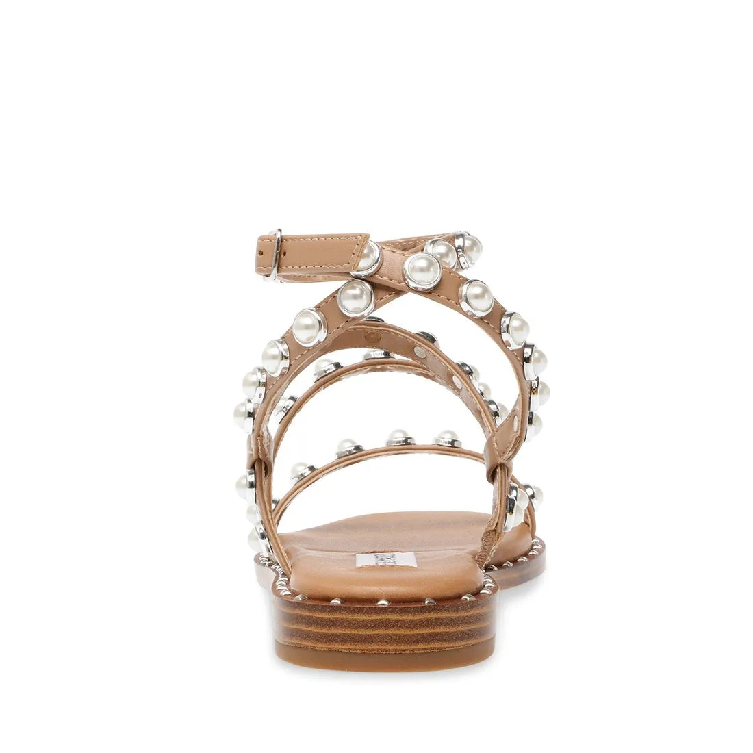 Pyramid Travel Strap Flat Pearl Studded Tan Leather Highly-rated Ankle Steve Easy to install Sandals Madden