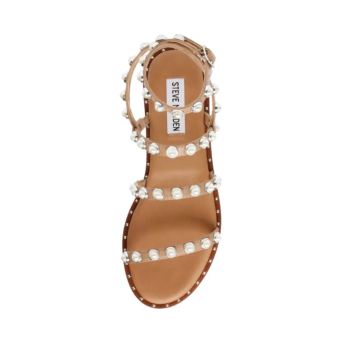 Pyramid Travel Strap Flat Pearl Studded Tan Leather Highly-rated Ankle Steve Easy to install Sandals Madden