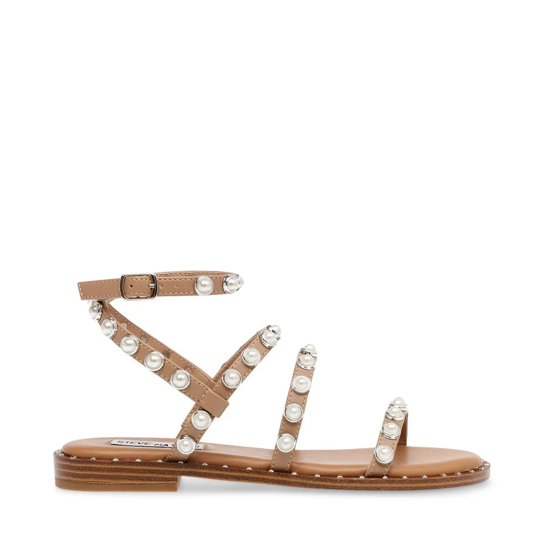 Pyramid Travel Strap Flat Pearl Studded Tan Leather Highly-rated Ankle Steve Easy to install Sandals Madden