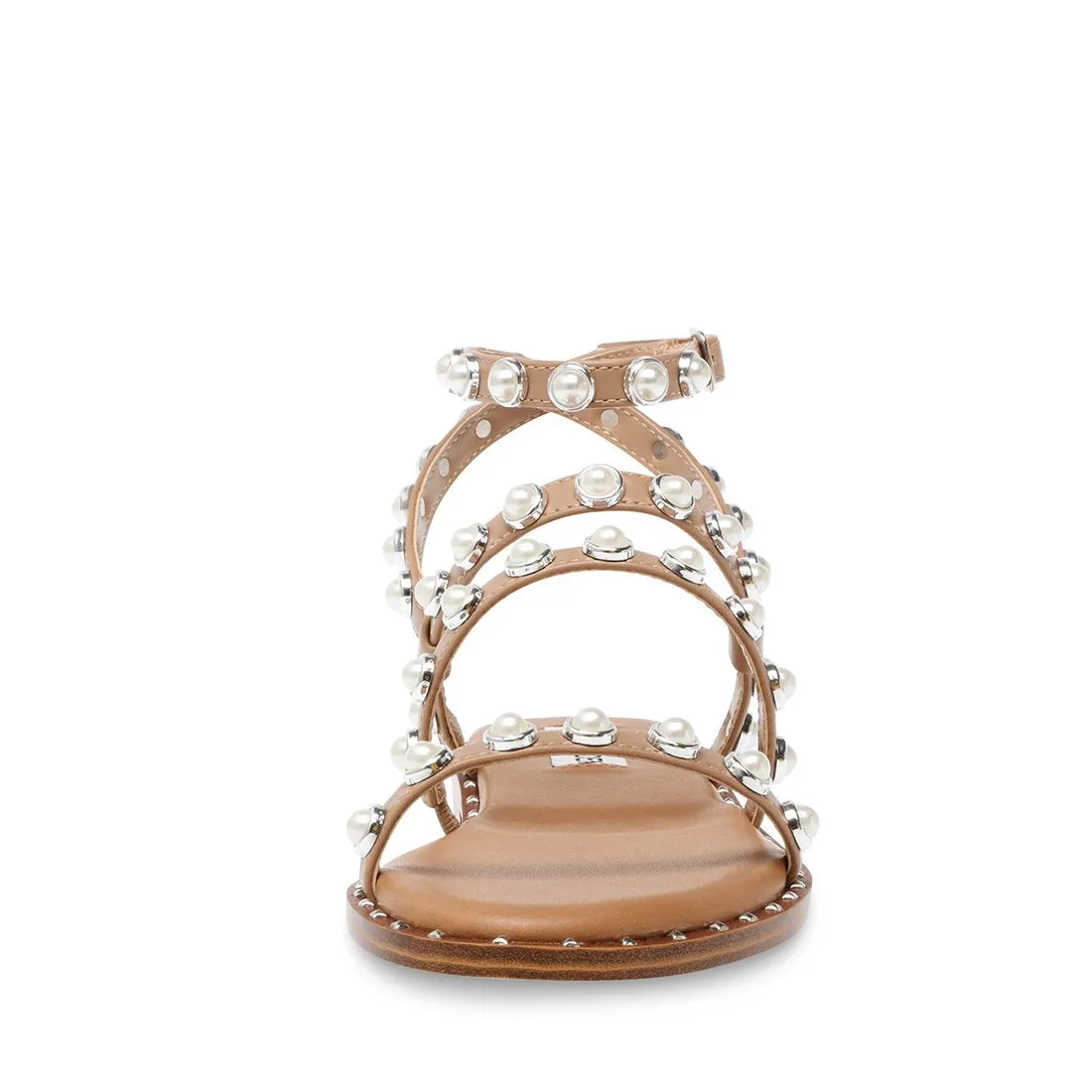 Pyramid Travel Strap Flat Pearl Studded Tan Leather Highly-rated Ankle Steve Easy to install Sandals Madden