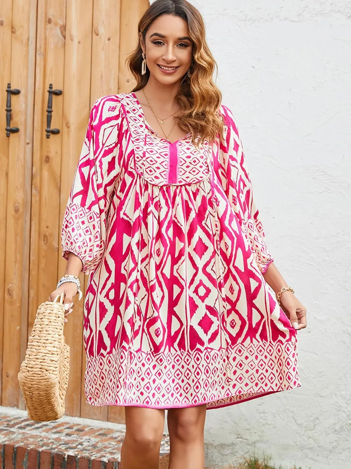 Qearal Womens Casual V Neck 3/4 Sleeve Boho Floral Printed Loose Short Mini Summer Beach Dress
