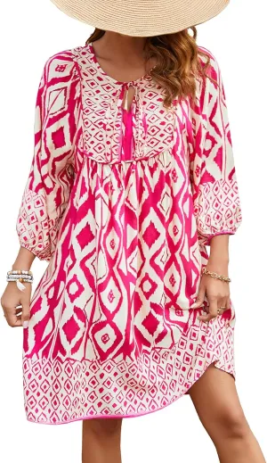 Qearal Womens Casual V Neck 3/4 Sleeve Boho Floral Printed Loose Short Mini Summer Beach Dress