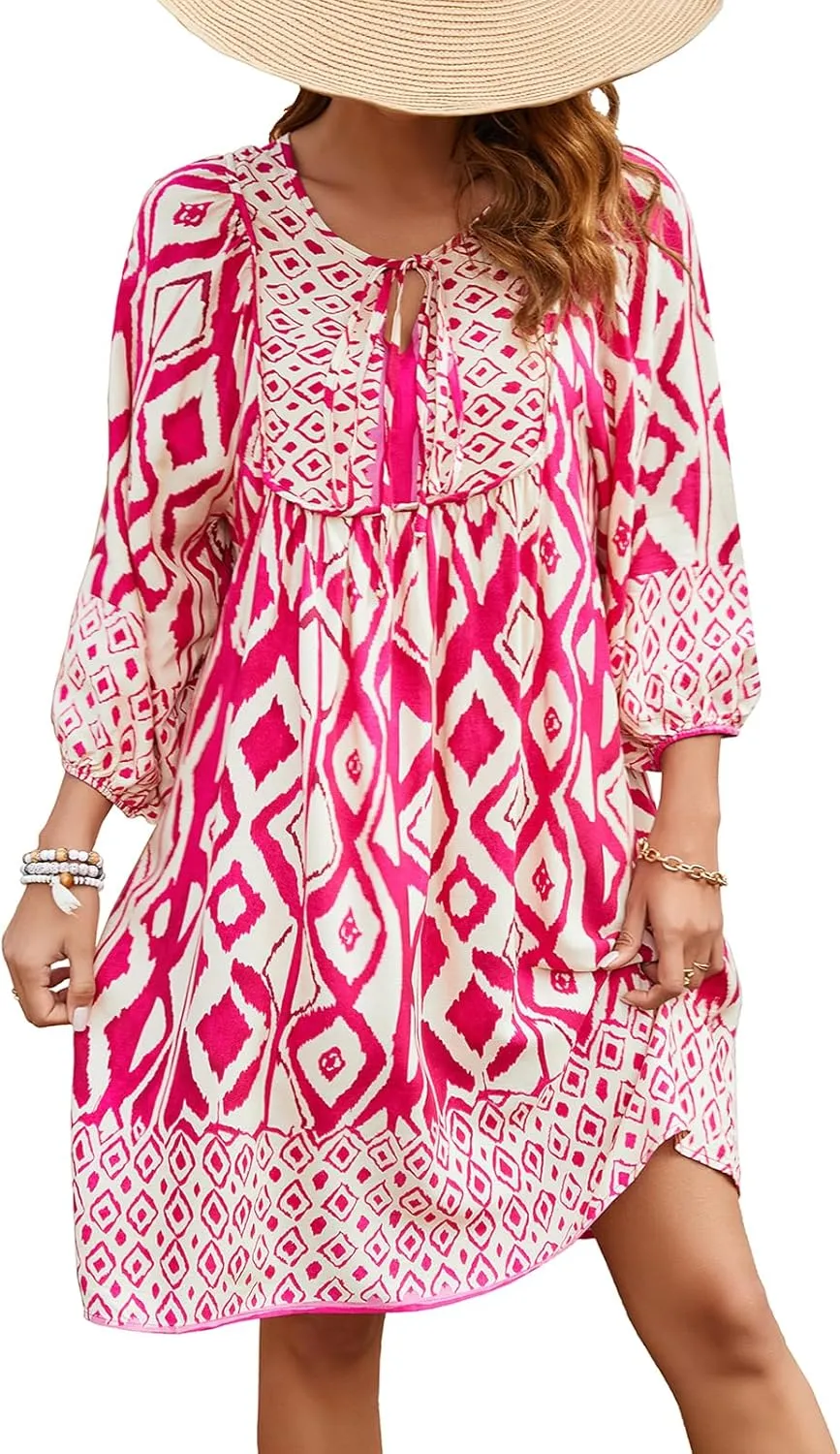 Qearal Womens Casual V Neck 3/4 Sleeve Boho Floral Printed Loose Short Mini Summer Beach Dress