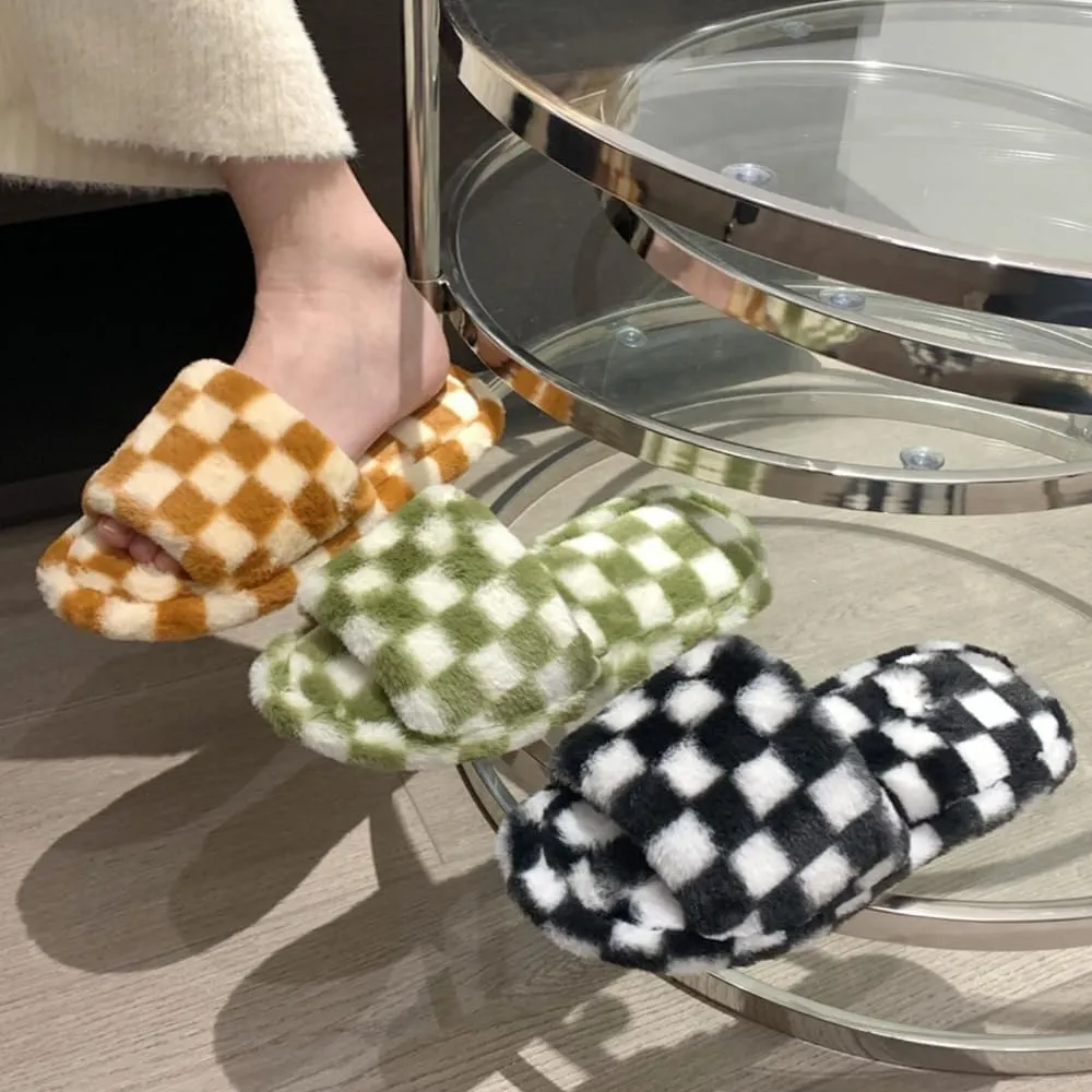 RErom Women's Fuzzy Checkered Indoor Plaid Slippers - Plush Comfy Faux Fur Shoes with Anti-Skid Sole
