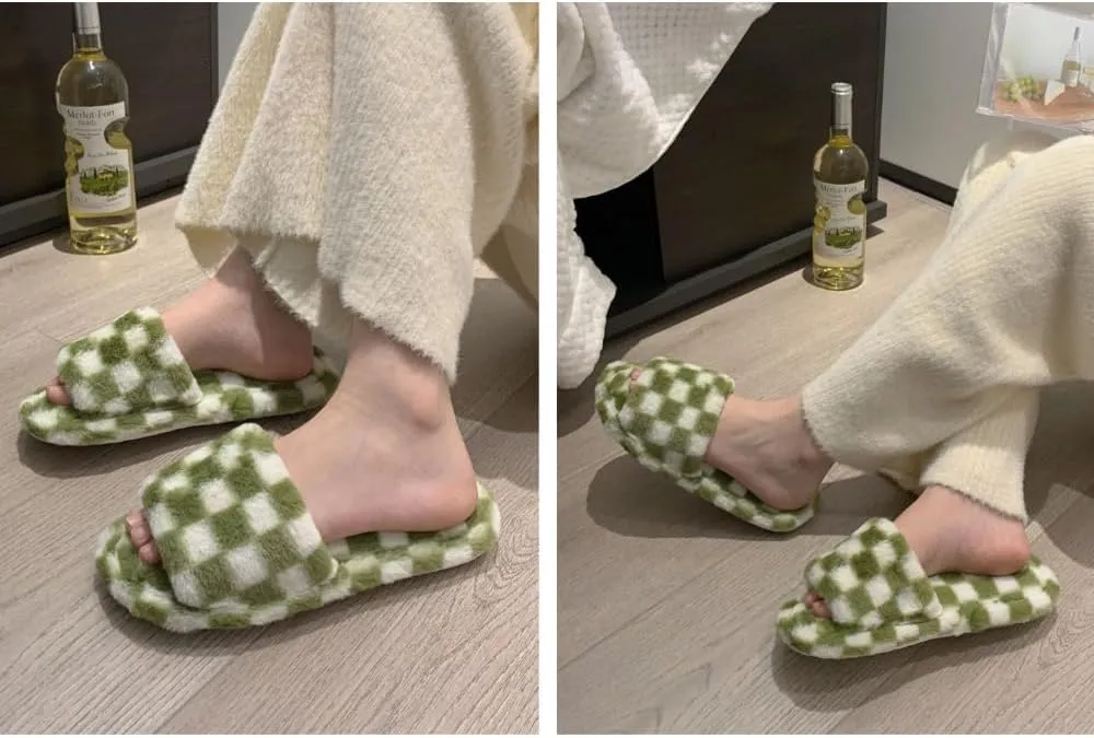RErom Women's Fuzzy Checkered Indoor Plaid Slippers - Plush Comfy Faux Fur Shoes with Anti-Skid Sole