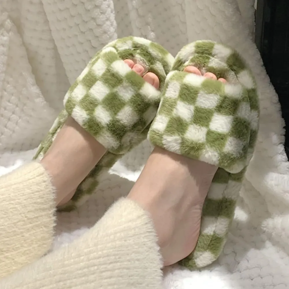 RErom Women's Fuzzy Checkered Indoor Plaid Slippers - Plush Comfy Faux Fur Shoes with Anti-Skid Sole