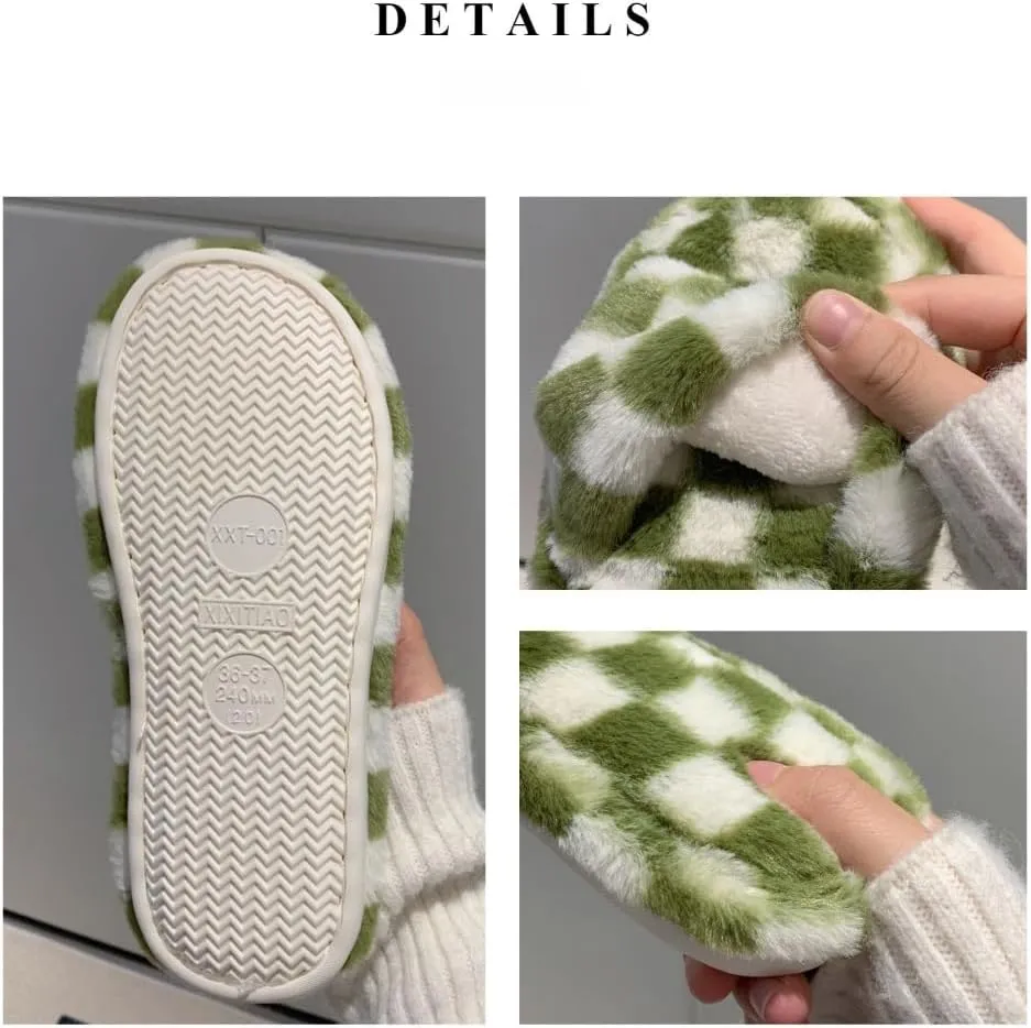 RErom Women's Fuzzy Checkered Indoor Plaid Slippers - Plush Comfy Faux Fur Shoes with Anti-Skid Sole