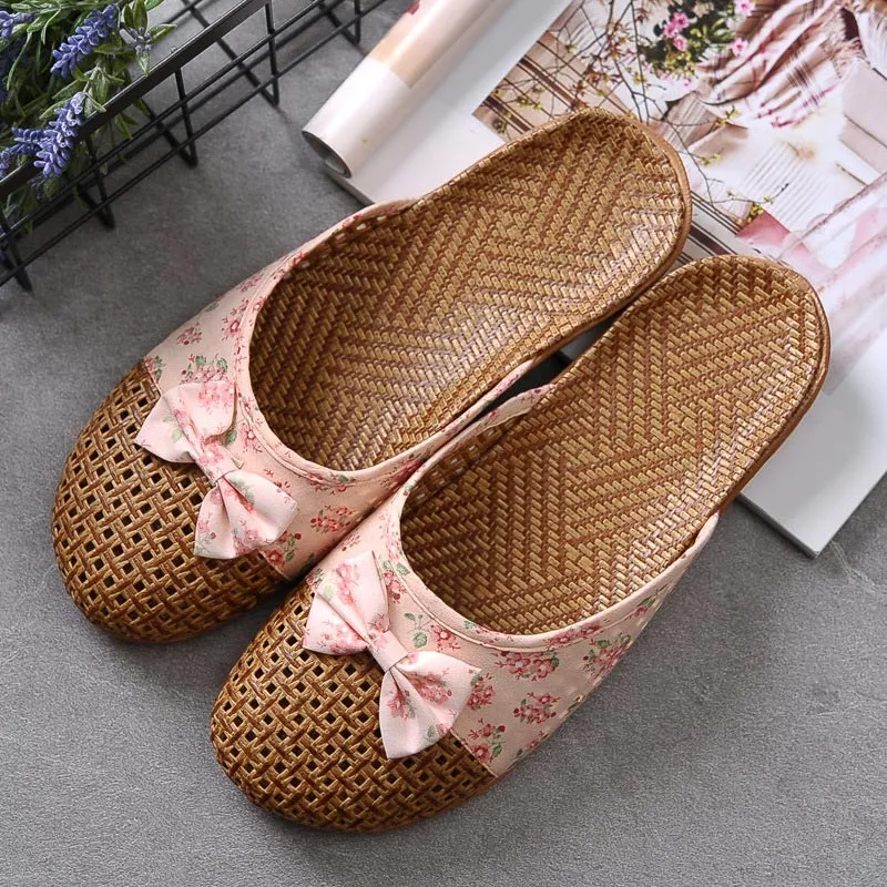 Retro Bowknot Breathable Flax Slippers