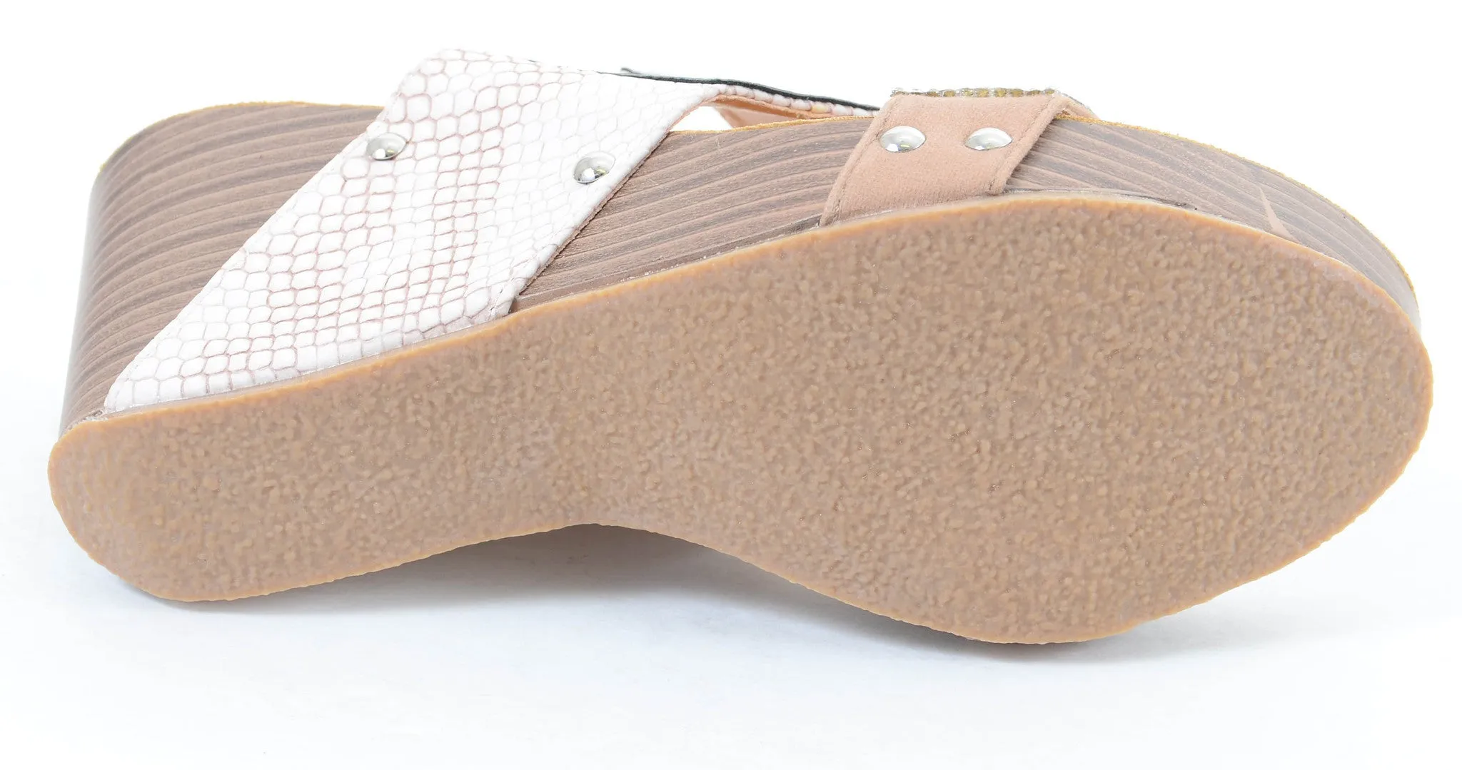 Rhinestone Animal Print Leatherette Two Band Wedge Slide Sandal