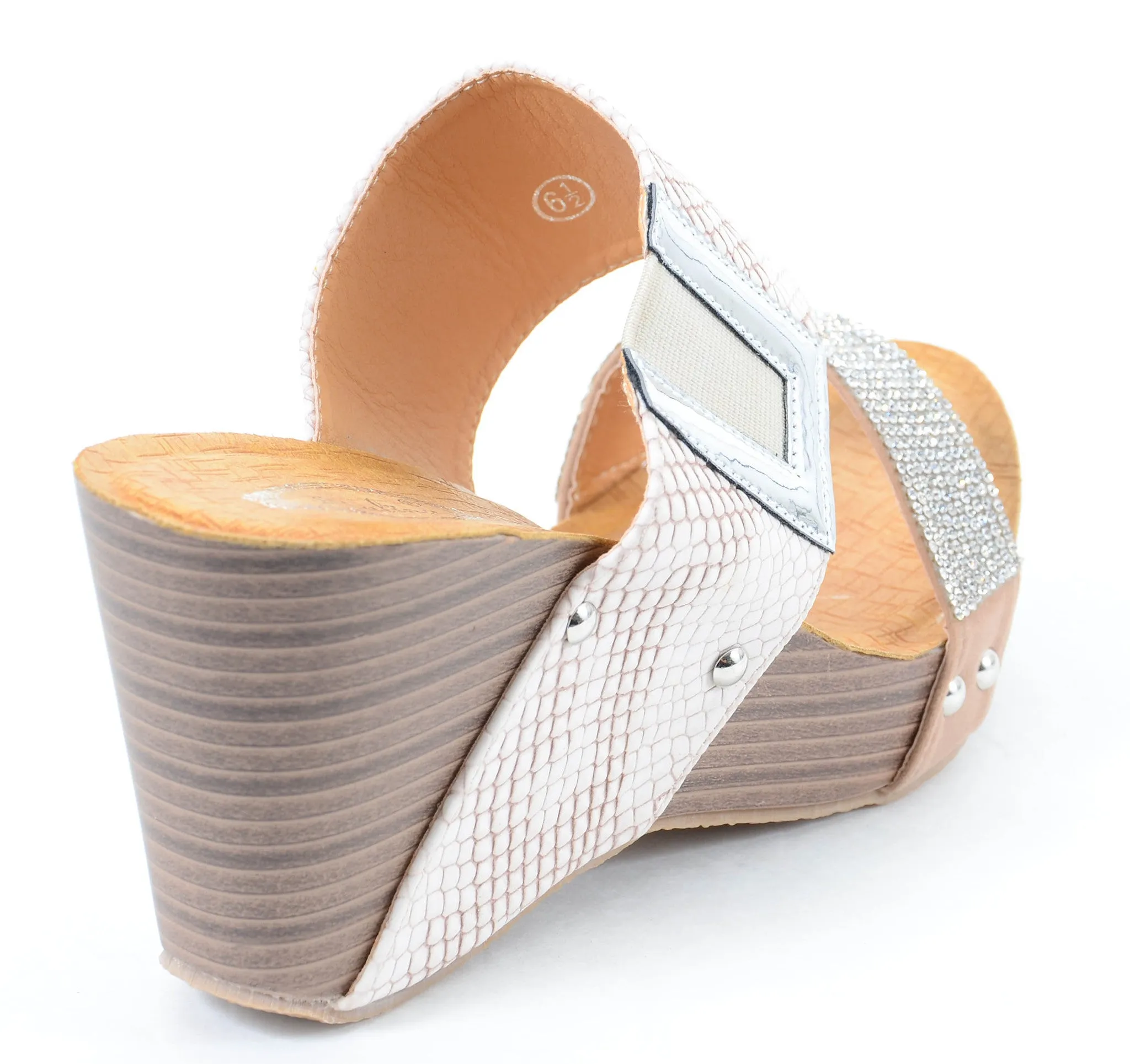 Rhinestone Animal Print Leatherette Two Band Wedge Slide Sandal