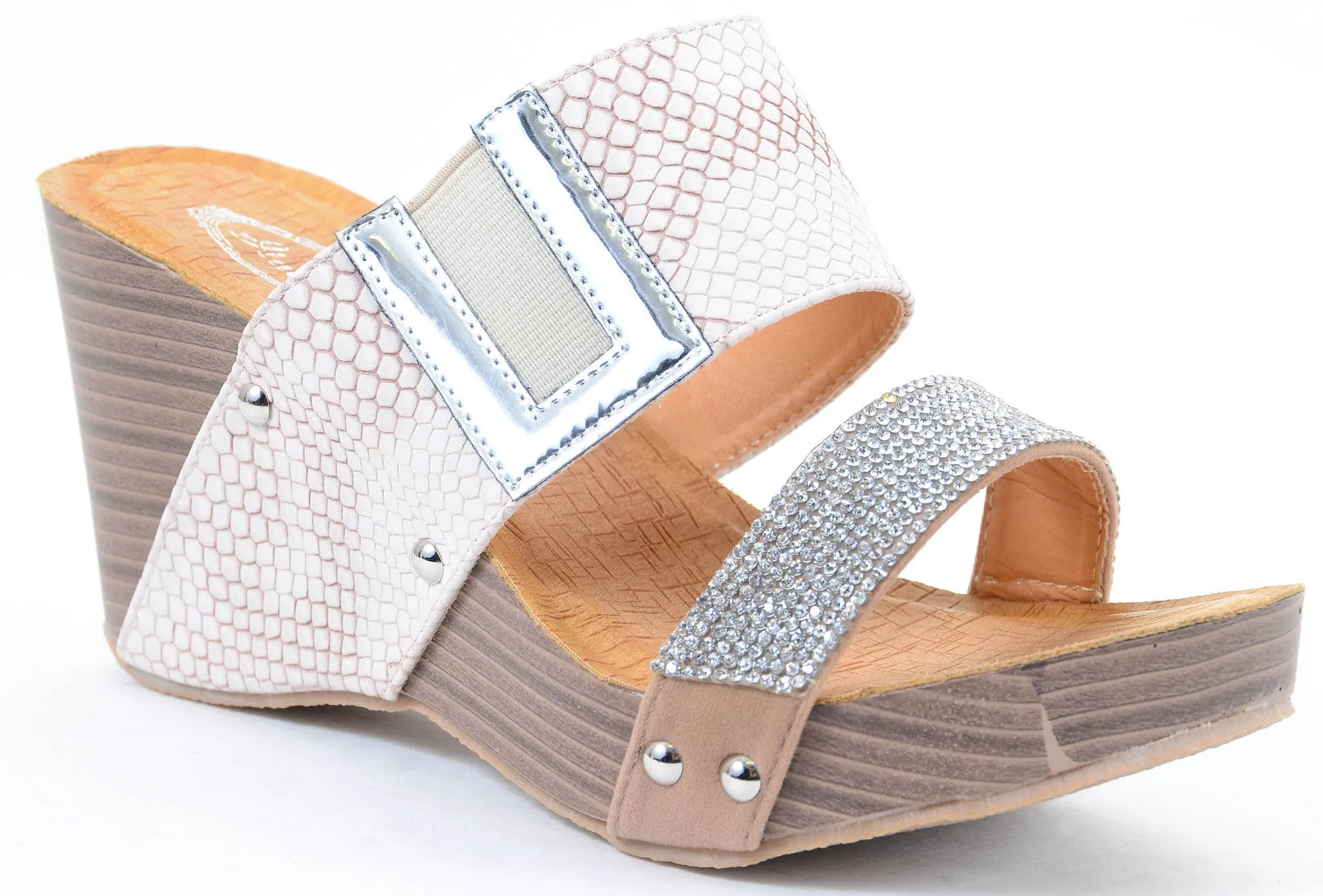Rhinestone Animal Print Leatherette Two Band Wedge Slide Sandal