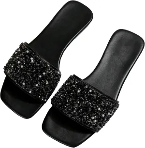Rhinestone Glitter Slipper - Women's Casual PU Leather Flat Sandals with Open Toe Slides for Outdoor Comfort.