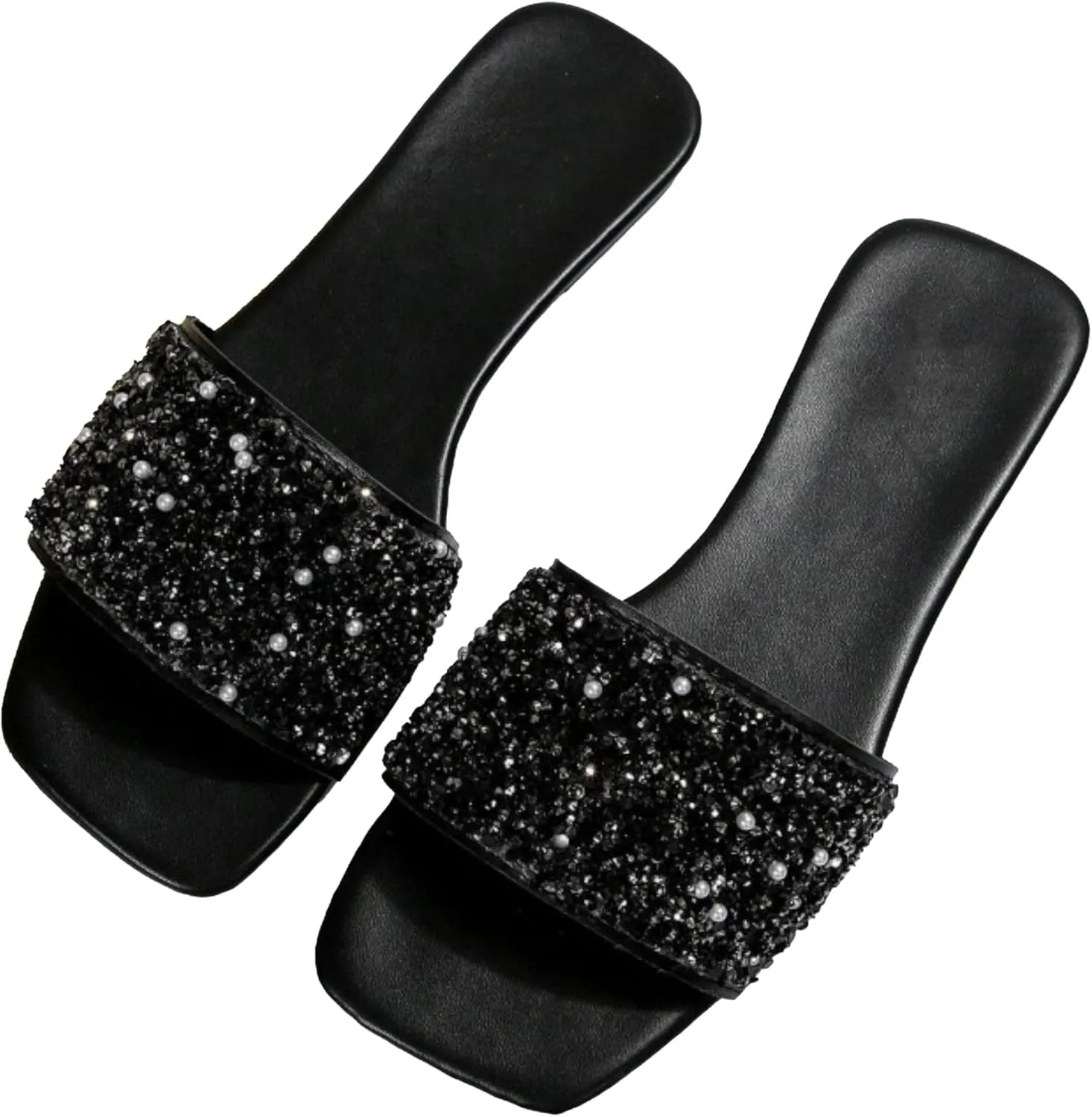 Rhinestone Glitter Slipper - Women's Casual PU Leather Flat Sandals with Open Toe Slides for Outdoor Comfort.