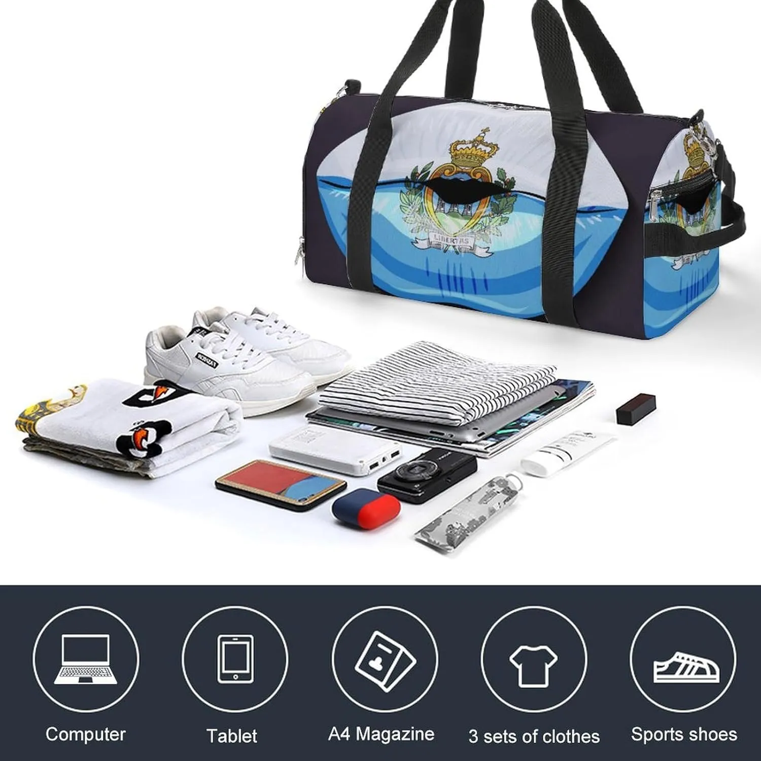 San Marino Flag Lips Duffel Bag for Men Women with Shoe Compartment Lightweight Gym Bag