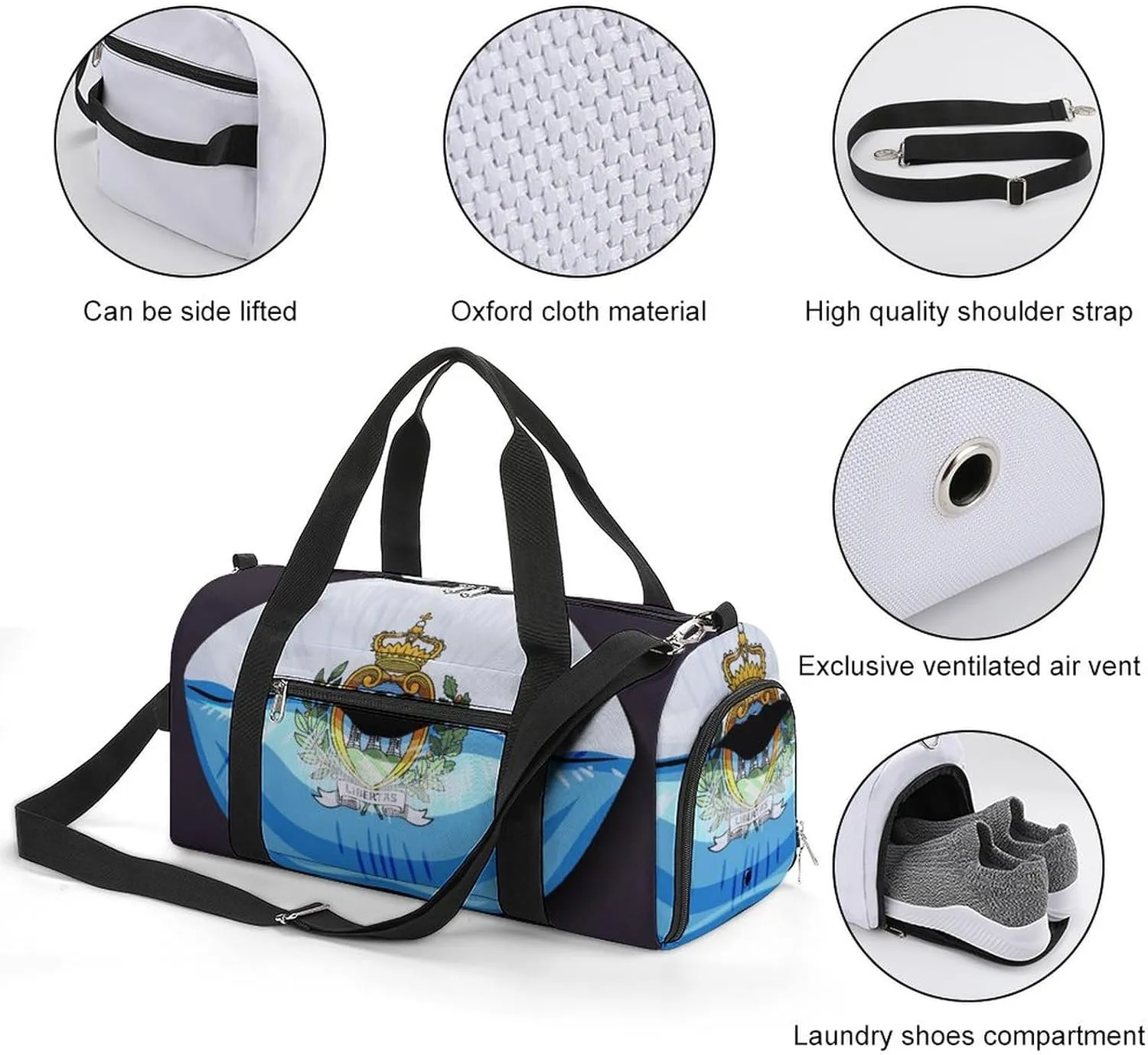 San Marino Flag Lips Duffel Bag for Men Women with Shoe Compartment Lightweight Gym Bag