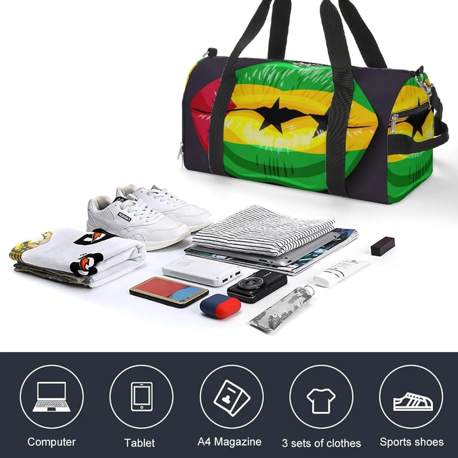 Sao Tome Principe Flag Lips Duffel Bag for Men Women with Shoe Compartment Lightweight Gym Bag