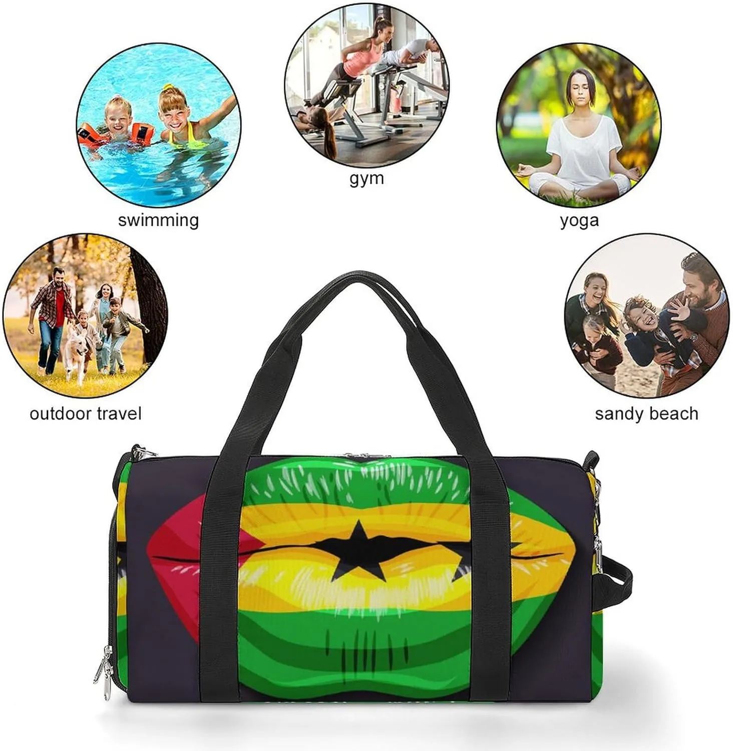 Sao Tome Principe Flag Lips Duffel Bag for Men Women with Shoe Compartment Lightweight Gym Bag