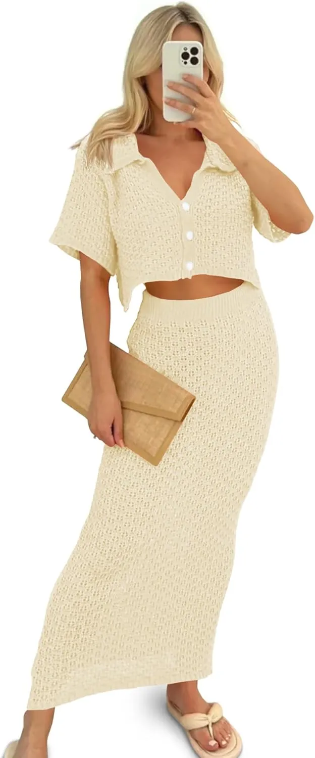 Saodimallsu Women Crochet Beach Cover Up Set Knit Crop Button Short Sleeve Collar Top Bodycon Long Skirt 2 Piece Outfits