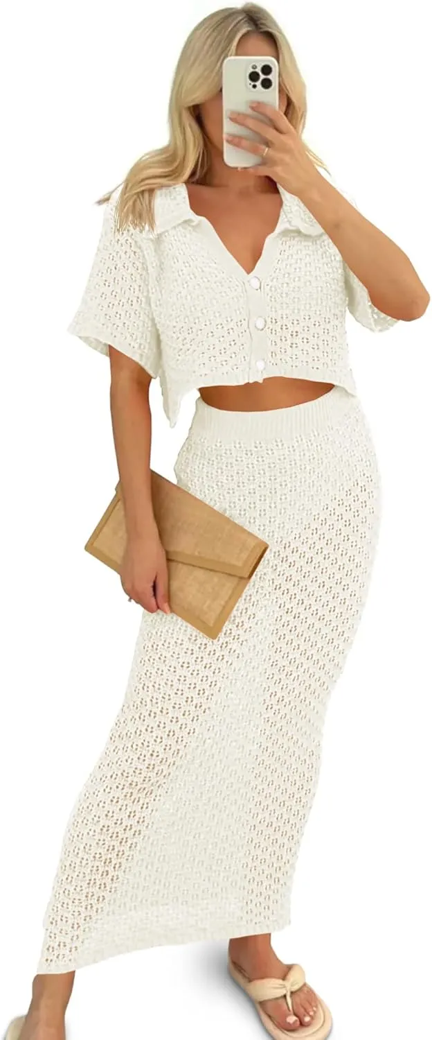 Saodimallsu Women Crochet Beach Cover Up Set Knit Crop Button Short Sleeve Collar Top Bodycon Long Skirt 2 Piece Outfits