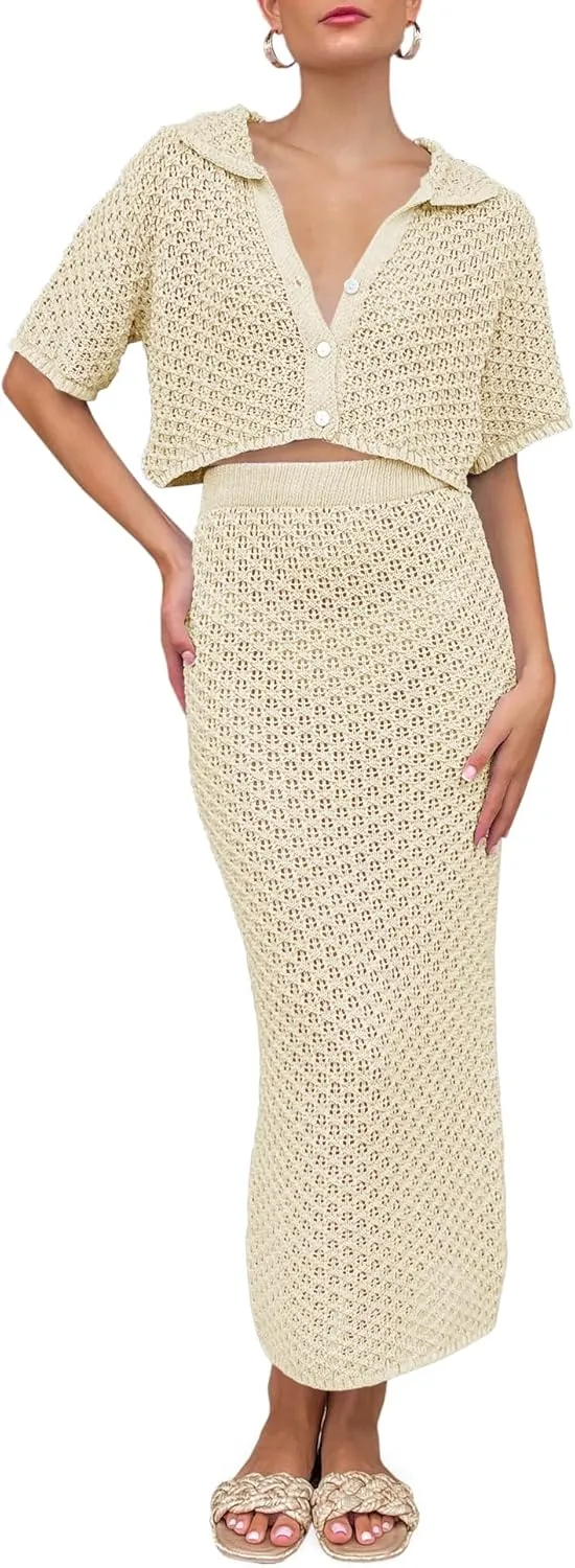 Saodimallsu Women Crochet Beach Cover Up Set Knit Crop Button Short Sleeve Collar Top Bodycon Long Skirt 2 Piece Outfits