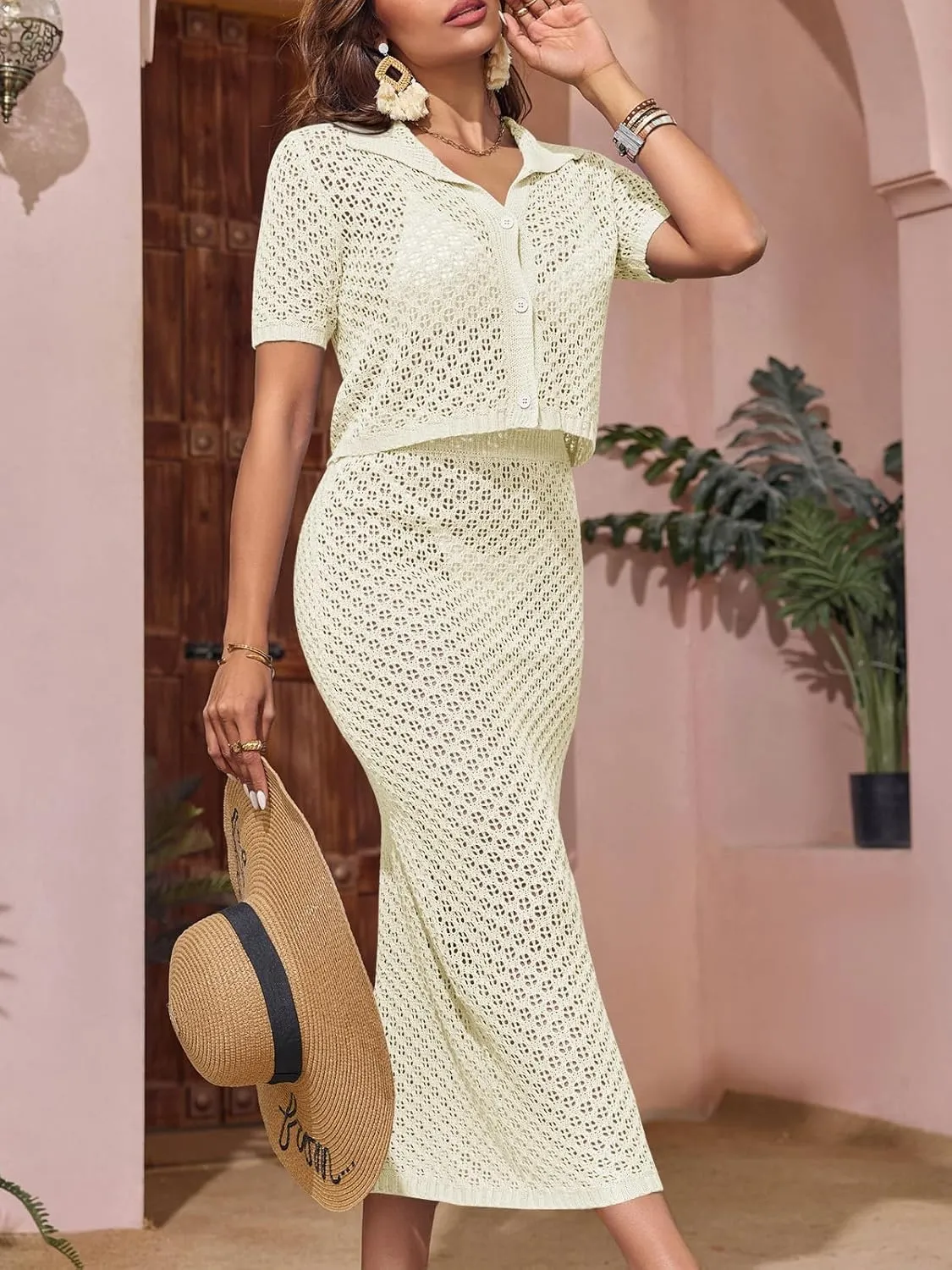Saodimallsu Women Crochet Beach Cover Up Set Knit Crop Button Short Sleeve Collar Top Bodycon Long Skirt 2 Piece Outfits