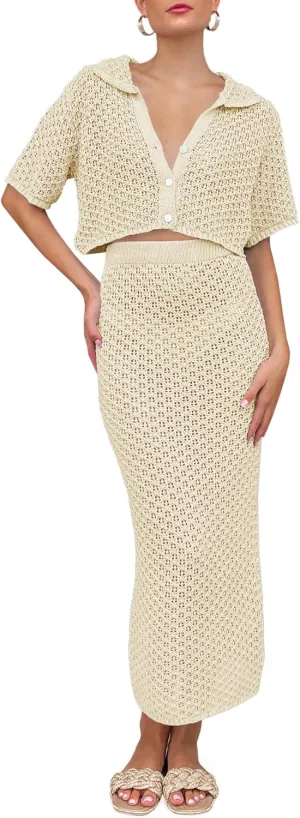Saodimallsu Women Crochet Beach Cover Up Set Knit Crop Button Short Sleeve Collar Top Bodycon Long Skirt 2 Piece Outfits